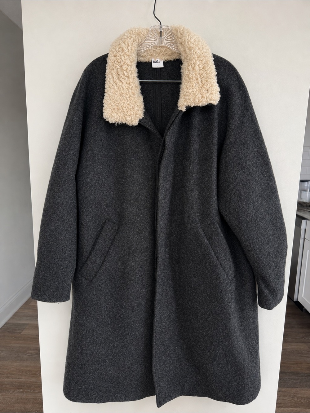 Simple Project 100% Wool Charcoal Coat Cream Shearling Collar XS
